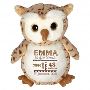 Knuffeluil_geboortetegelbruin Knuffeluil met geboortekaartje