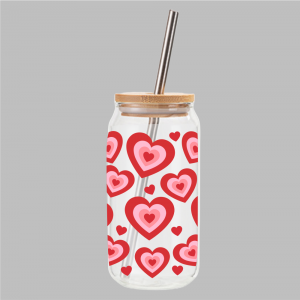 Glas met houten dop en rietje: Hartjes Rood en Roze