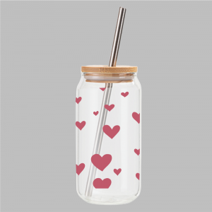 Glas met houten dop en rietje: Roze hartjes