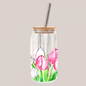 Glas met houten dop en rietje: Tulpen