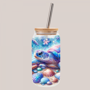 Glas met houten dop en rietje: Schildpad