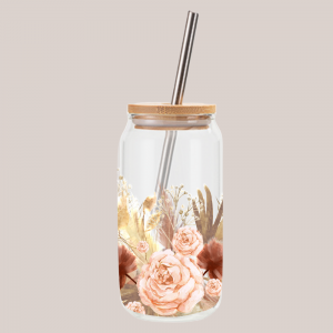 Glas met houten dop en rietje: Boho Bloemen